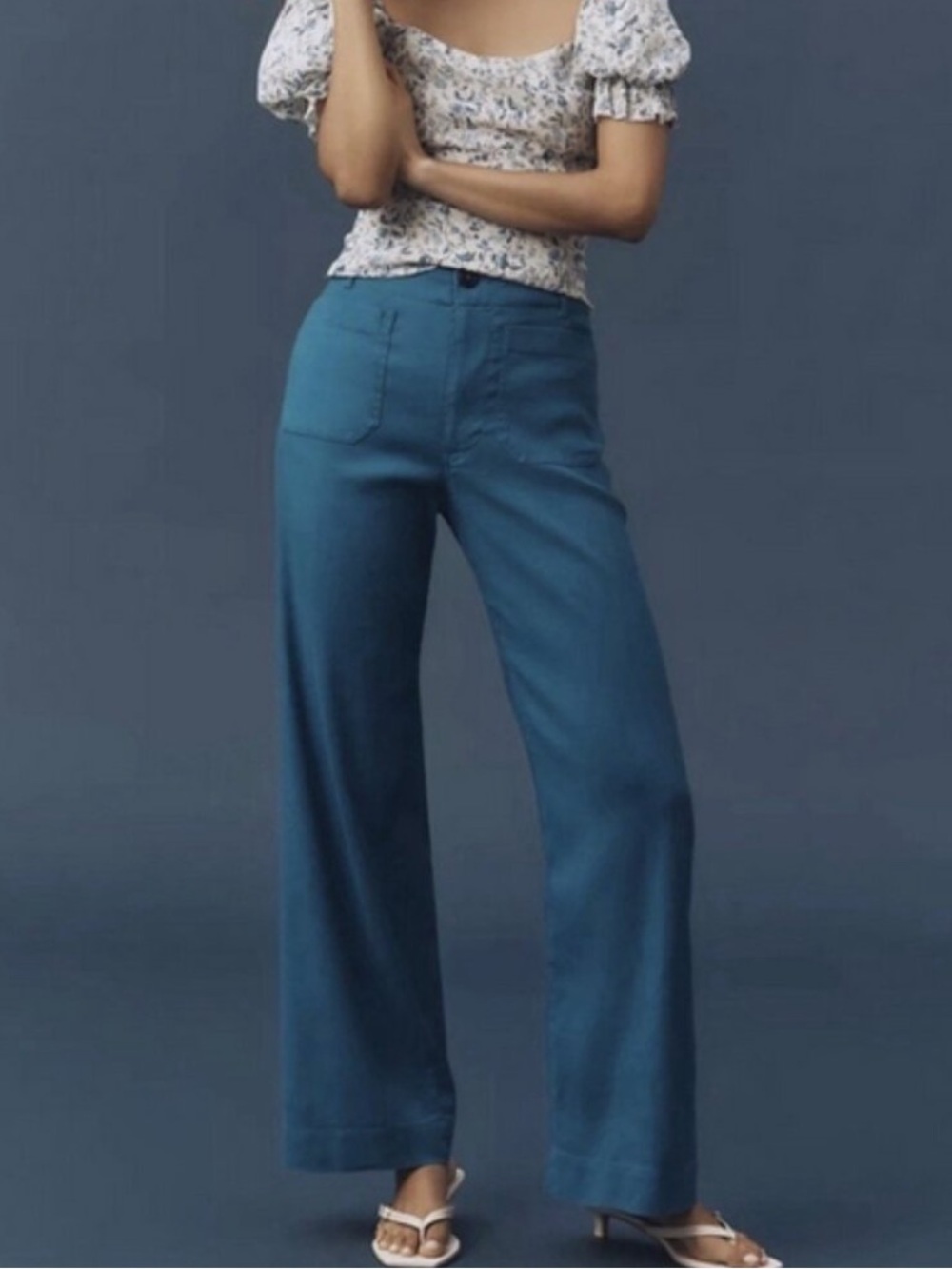 NWT Anthropologie The Colette Full-Length Linen Wide-Leg Pants Ocean Blue 28